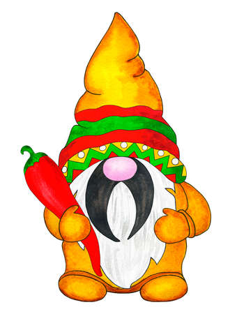Fairy gnome with pepper at Cinco de Mayo in Mexico. Hand drawn watercolor illustration, clipart isolated on white background. Design for greeting cards, invitations, sublimation printingの写真素材