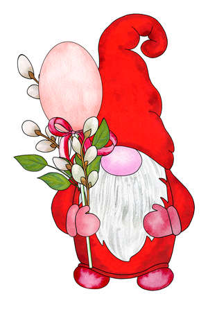 Easter gnome with egg and willow branches. Cute gnome for Easter celebration. Hand drawn watercolor illustration isolated on white background. Design for cards, invitations and moreの写真素材
