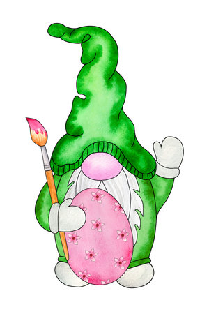 Easter gnome with painted egg and paintbrush. Cute gnome for Easter celebration. Hand drawn watercolor illustration isolated on white background. Design for cards, invitations and moreの写真素材