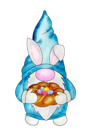 Easter gnome with Easter cake and eggs. Cute gnome for Easter celebration. Hand drawn watercolor illustration isolated on white background. Design for cards, invitations and moreの写真素材
