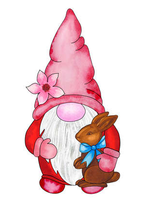 Easter gnome with chocolate bunny. Cute gnome for Easter celebration. Hand drawn watercolor illustration isolated on white background. Design for cards, invitations and moreの写真素材