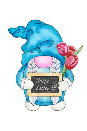 Easter gnome with slate board and tulips. Cute gnome for Easter celebration. Hand drawn watercolor illustration isolated on white background. Design for cards, invitations and moreの写真素材