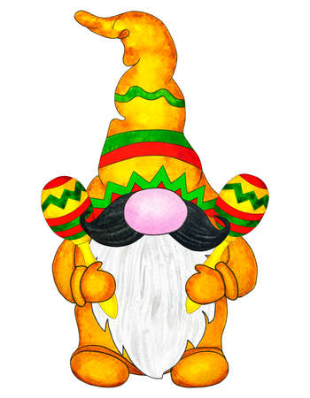 Fairy gnome with maracas at Cinco de Mayo in Mexico. Hand drawn watercolor illustration, clipart isolated on white background. Design for greeting cards, invitations, sublimation printingの写真素材