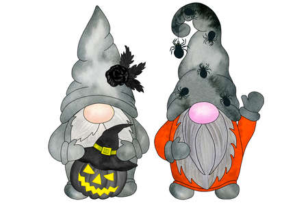 Two gnomes with Halloween decor. Hand drawn watercolor illustration, clipart isolated on white background. Design for greeting cards, invitations, sublimation printingの写真素材