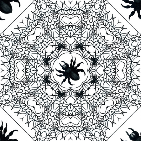 Abstract seamless kaleidoscopic Halloween pattern with cobweb and spiders. Endless repeating motif on white background. Mandala pattern for textiles, wrapping paper and otherの写真素材