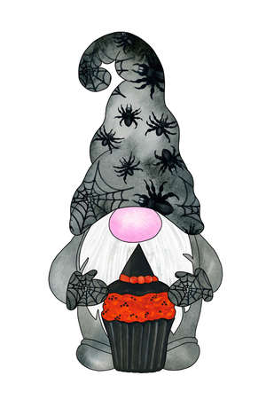Halloween gnome with Halloween cupcake. Hand drawn watercolor illustration, clipart isolated on white background. Design for greeting cards, invitations, sublimation printingの写真素材