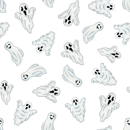 Seamless watercolor Halloween pattern with ghosts. Black hand-drawn watercolor elements isolated on white background. Halloween design for textiles, wrapping paper and otherの写真素材