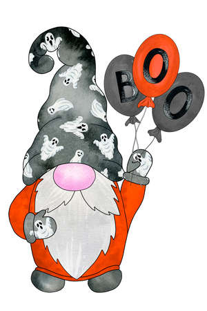 Halloween gnome with balloons with inscription BOO. Hand drawn watercolor illustration, clipart isolated on white background. Design for greeting cards, invitations and otherの写真素材