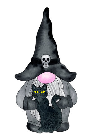 Halloween gnome with black cat. Hand drawn watercolor illustration, clipart isolated on white background. Design for greeting cards, invitations, sublimation printingの写真素材