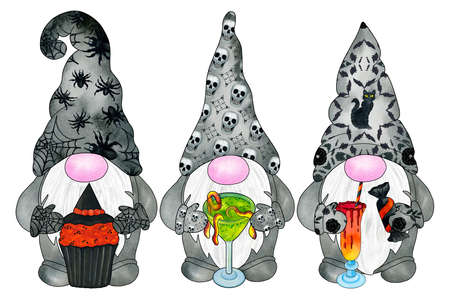 Three gnomes with Halloween decor and Halloween food and drinks. Hand drawn watercolor illustration, clipart isolated on white background. Design for greeting cards, invitations and otherの写真素材