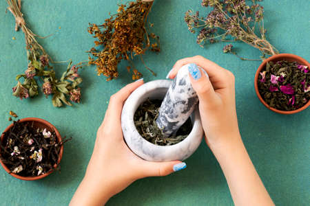 Grinding of dry herbs in mortar. Various meadow dried herbs and herbal tea. Dried and fermented plants for delicious drinks, herbal medicine and health promotionの写真素材