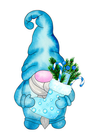 Christmas gnome with sock with gifts. Cute gnome for celebration of Christmas. Hand drawn watercolor illustration isolated on white background. Design for cards, invitations and moreの写真素材