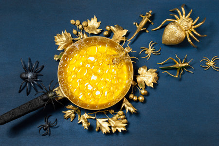 Magic Halloween. Transformation black plants and insects into gold in boiling golden frying pan. Creative Halloween concept. Flat lay, top viewの写真素材