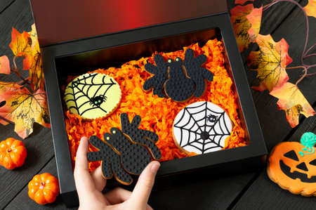 Halloween handmade gingerbread in gift box. Festive Halloween gingerbread made of honey dough with spices covered with glazeの写真素材