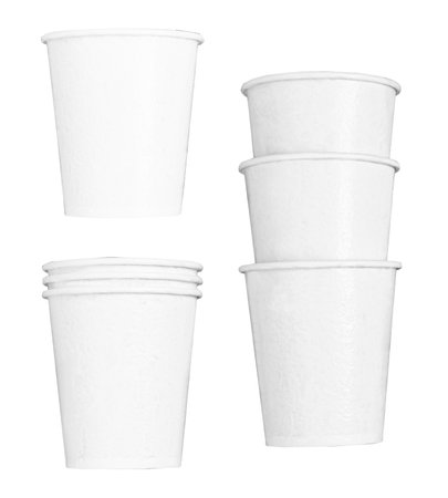 Set of white disposable paper cups isolated on white background. Takeaway paper cup for tea and coffeeの写真素材