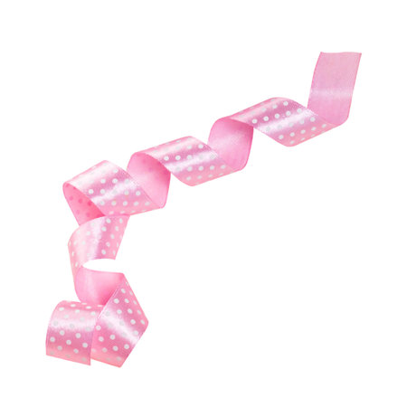 Pink spiral-twisted satin ribbon with white polka dots isolated on white backgroundの写真素材