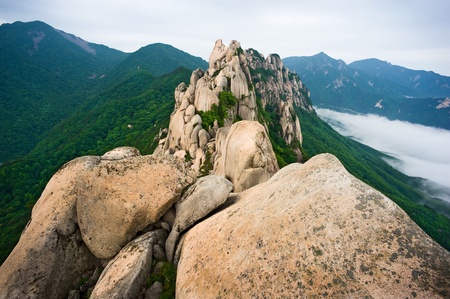 Famous Ulsanbawi Rock against the fog seorak mountains at the Seorak-san National Park, South korea の写真素材