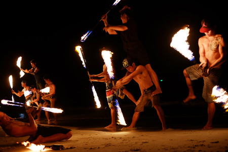 KOH SAMED, THAILAND - MARCH 24: Firestarters public show at the beach of the Koh Samed Samet island Thailand, on March 24, 2015.のeditorial素材