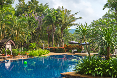 view of public  beautiful swimming pool in tropical resort , Koh Chang Thailandのeditorial素材