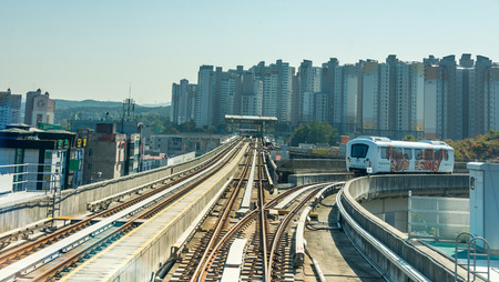 Seoul, South Korea - October 25, 2013: View of fully automated Driverless guided transits (AGT) Yongin Everline Metropolitan Subway in Seoul.のeditorial素材