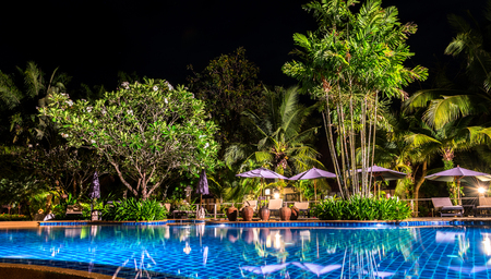 night view of beautiful swimming pool in tropical resort , Koh Chang Thailandのeditorial素材