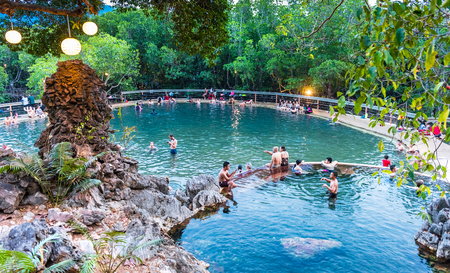 BUSUANGA PHILIPPINES - MARCH 29, 2018 : People tourists at Maquinit Hot Spring at Busuanga island near Coron town, Palawanのeditorial素材