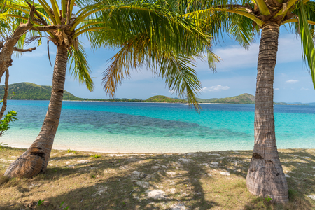 Tropical beach seascape view on the Bulog Dos island, Palawan, Philippinesの写真素材