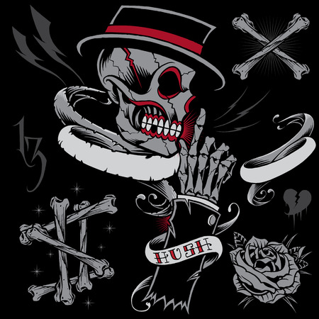 Skull, Skeleton Hand, Bones and Ribbonsのイラスト素材