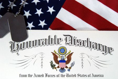 Dog tags on a military discharge.の写真素材