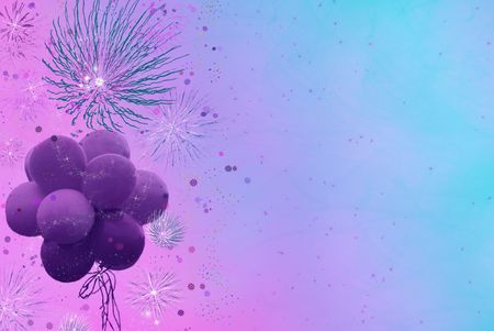 Purple balloon and fireworks on gradient background.の写真素材