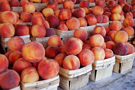 Peaches being sold at a roadside farmer's market.の写真素材