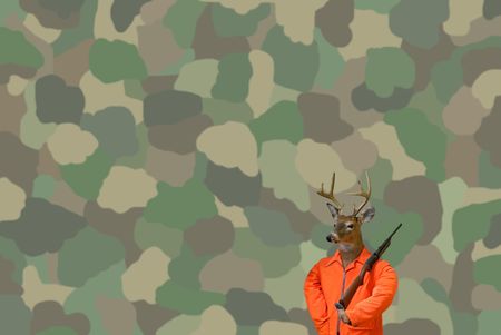 Big buck with rifle on a camouflage background.の写真素材