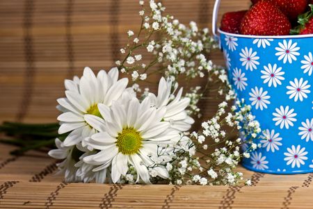 Fresh picked daisies and strawberries.の写真素材