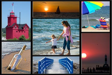 Collage of summer scenes of Lake Michigan.の写真素材