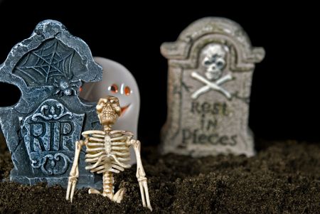 Ghost and skeleton in graveyard.