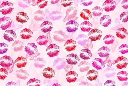 Butterflies and lipstick kisses on pink abstract.の写真素材