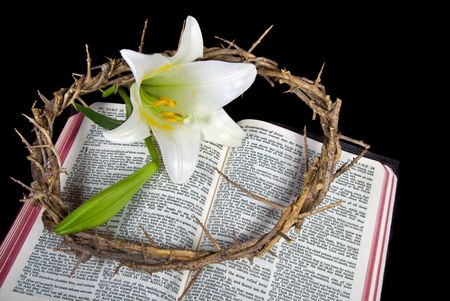 Crown of thorns and Easter lily blossom on Bible.の写真素材