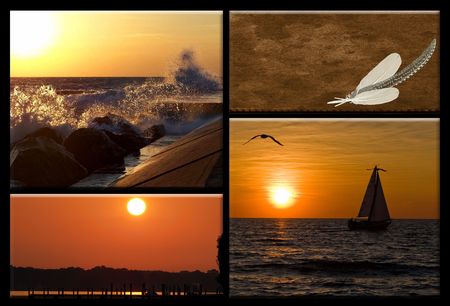 Collage of scenic sunset on Lake Michiganの写真素材