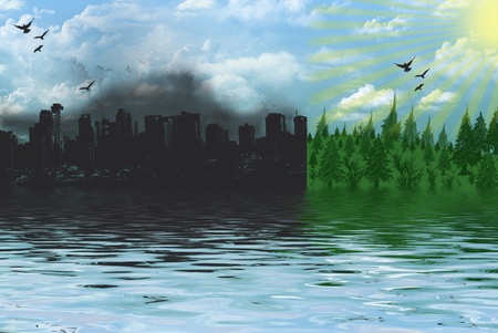 Urban and country scenes with water reflection.の写真素材