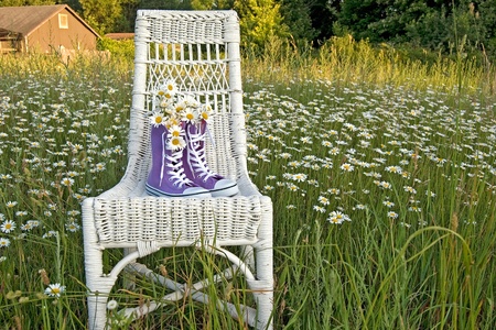 Purple sneakers with daisy bouquet on white wicker chair.の写真素材