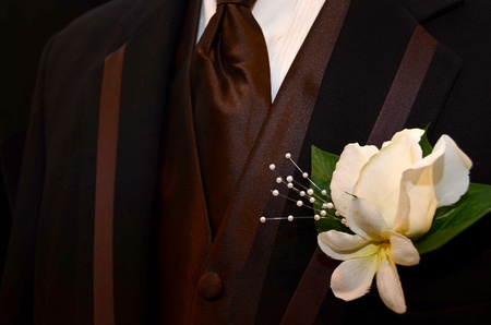 Flower pinned on brown tuxedo.