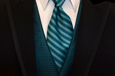 teal tie accenting a black tuxedoの写真素材