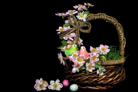 Spring flowers and birds on Easter basket 