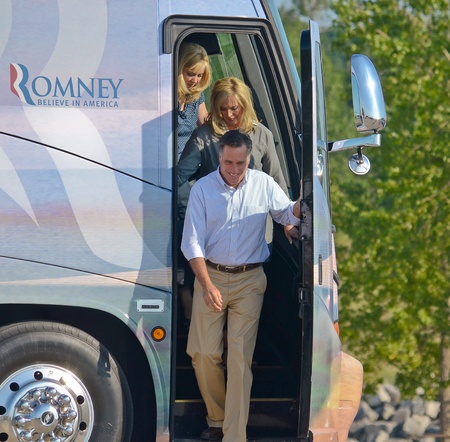 Holland, Michigan, USA - June 19, 2012 - Mitt and Ann Romney leaving their bus at a campaign rallyのeditorial素材