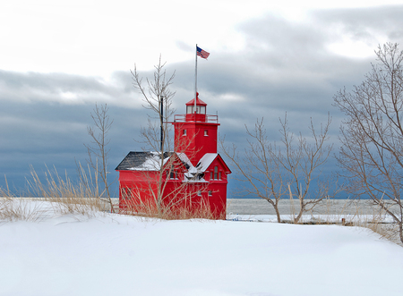 Michigan red lighthouse in winterの写真素材
