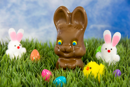 chocolate Easter bunny in grass with chick and white rabbits