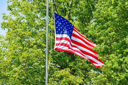 American flag at half mast in summer tree