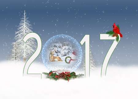 Christmas 2017 with snowman in snow globe and red cardinal