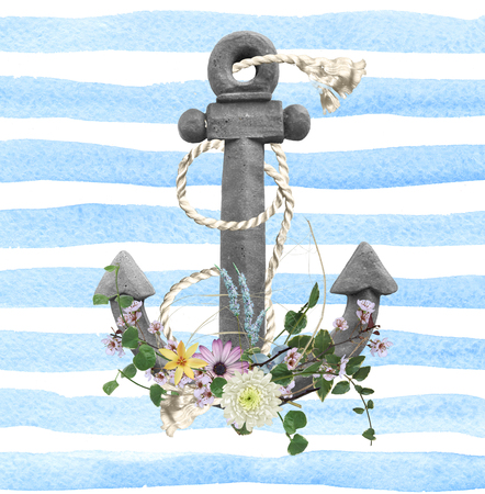 flower bouquet with rope and gray anchor on blue and white watercolor stripe backgroundの写真素材