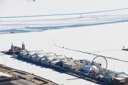 aerial view of Chicago Navy Pier and Lake Michigan in winterの写真素材
